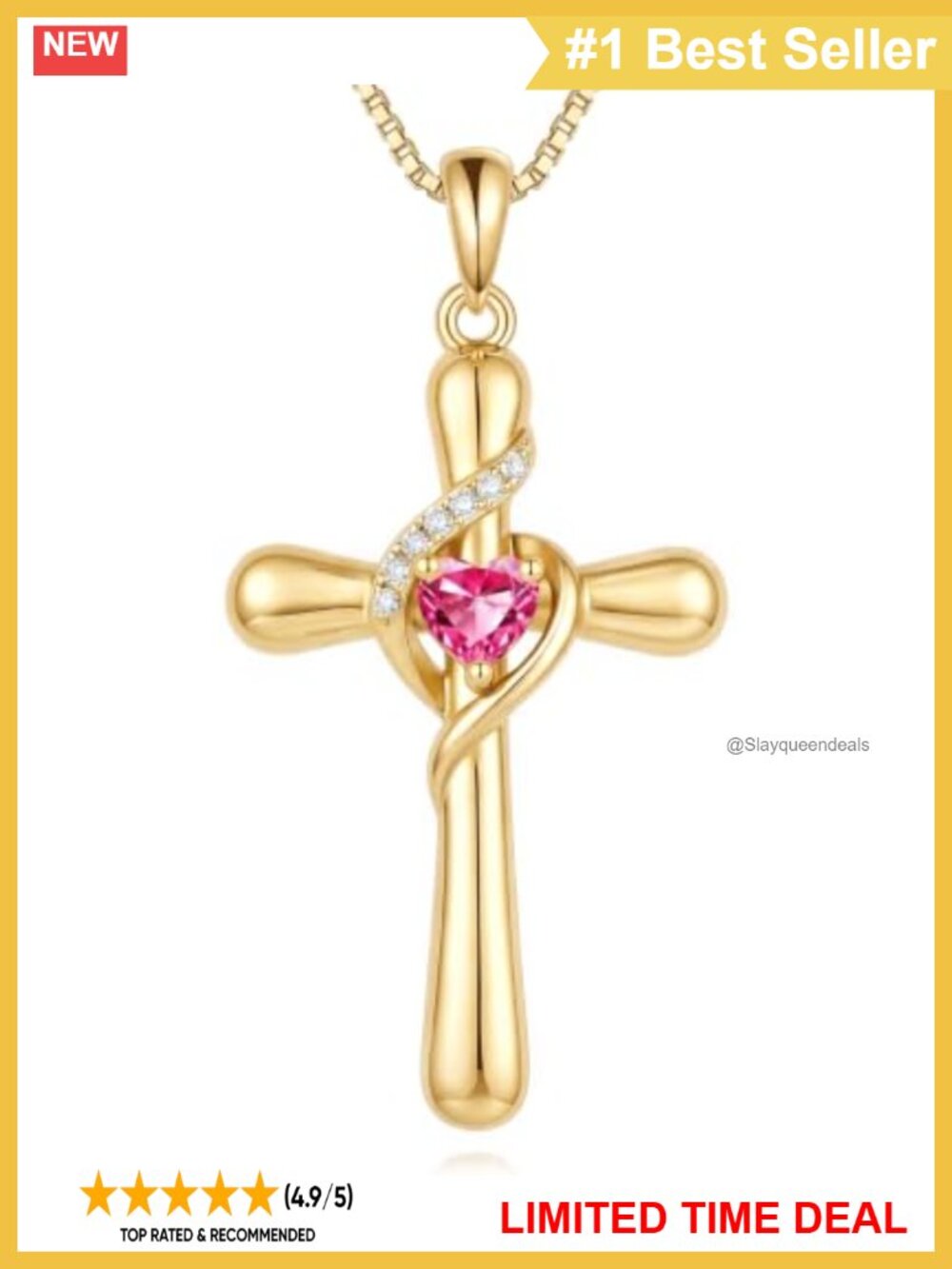 14K Gold Plated Heart Birthstone Cross Pendant Necklace Box Chain